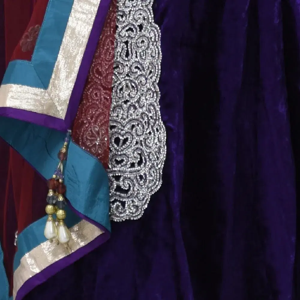 Bold Color-Blocked Velvet Lehenga with Cutwork Blouse view 2
