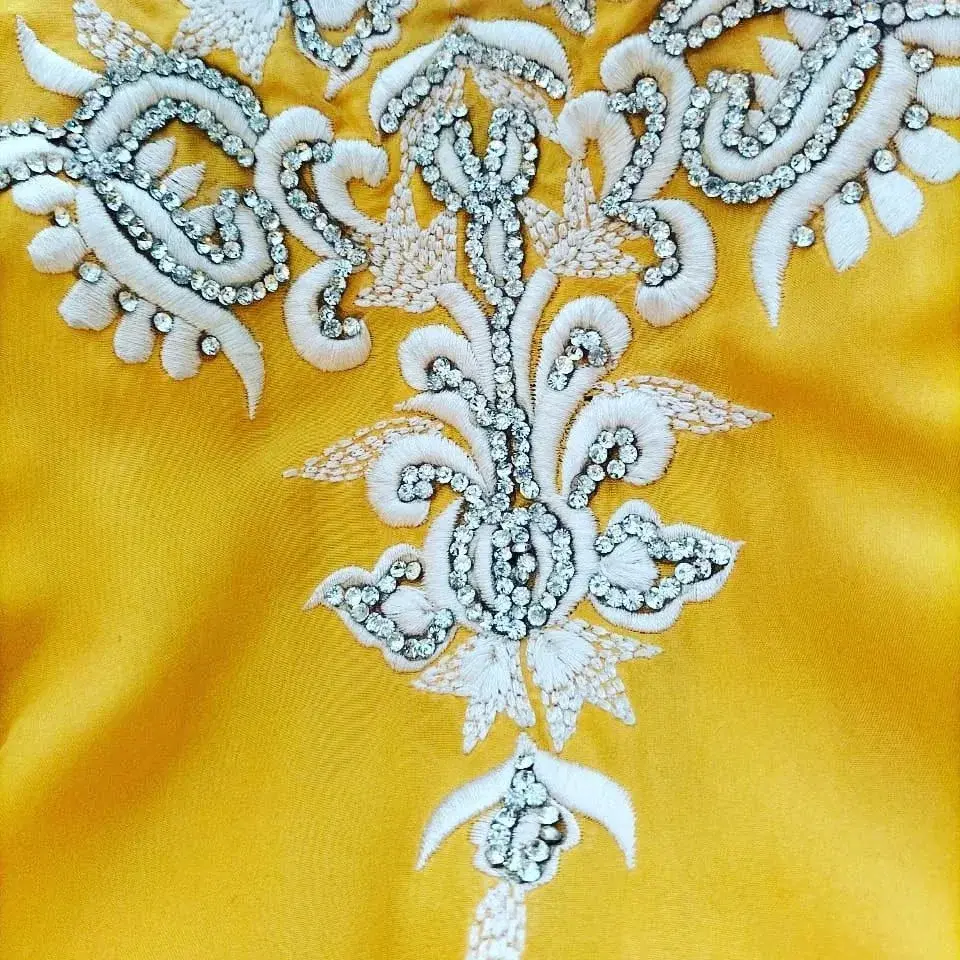 Simple and charming Shalwar Kamiz with pippin worked with Banaras borders copper, gold and Yellow thread. Chifon silk,  yello colour. view 3