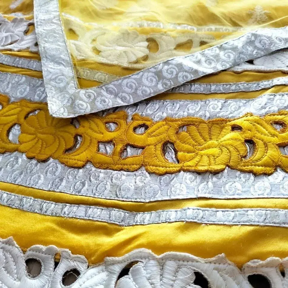 Simple and charming Shalwar Kamiz with pippin worked with Banaras borders copper, gold and Yellow thread. Chifon silk,  yello colour. view 2