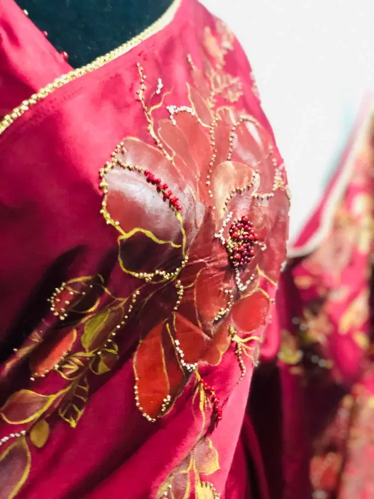 Hand-Painted Crimson Red Satin Saree with 3D Beaded Floral Embroidery and Gold Trim view 5