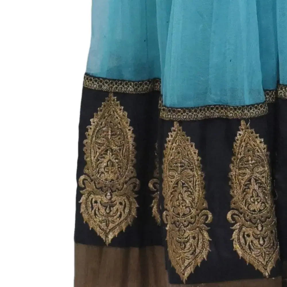 Simple and charming Shalwar Kamiz with pippin worked with Banaras borders copper, gold and blue thread. Chifon silk,  blue colour. view 3