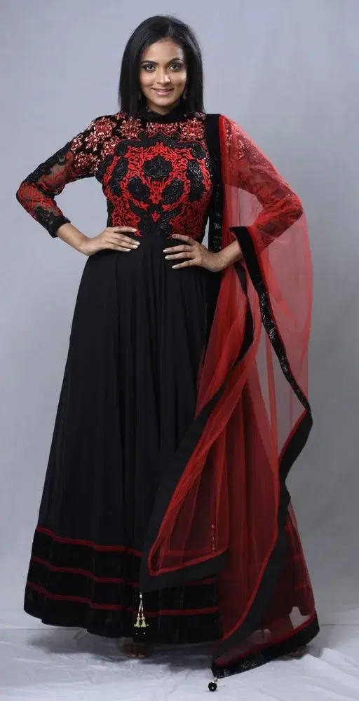 Regal Black & Red Damask Embroidered Anarkali Gown