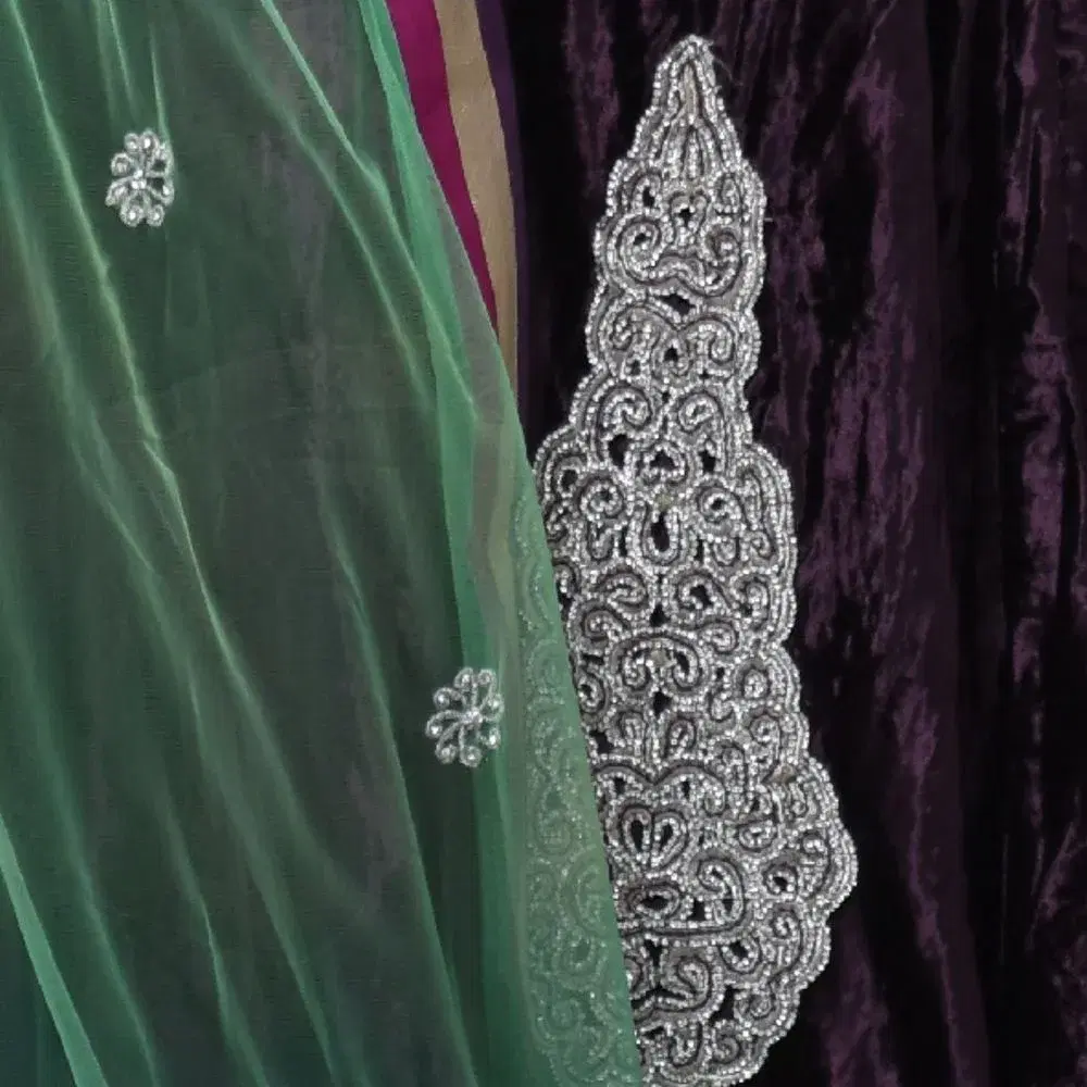 Plum Velvet Lehenga Set with Magenta Cutwork Blouse view 2