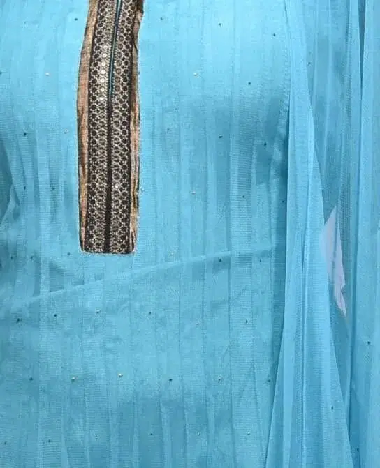 Simple and charming Shalwar Kamiz with pippin worked with Banaras borders copper, gold and blue thread. Chifon silk,  blue colour. view 2
