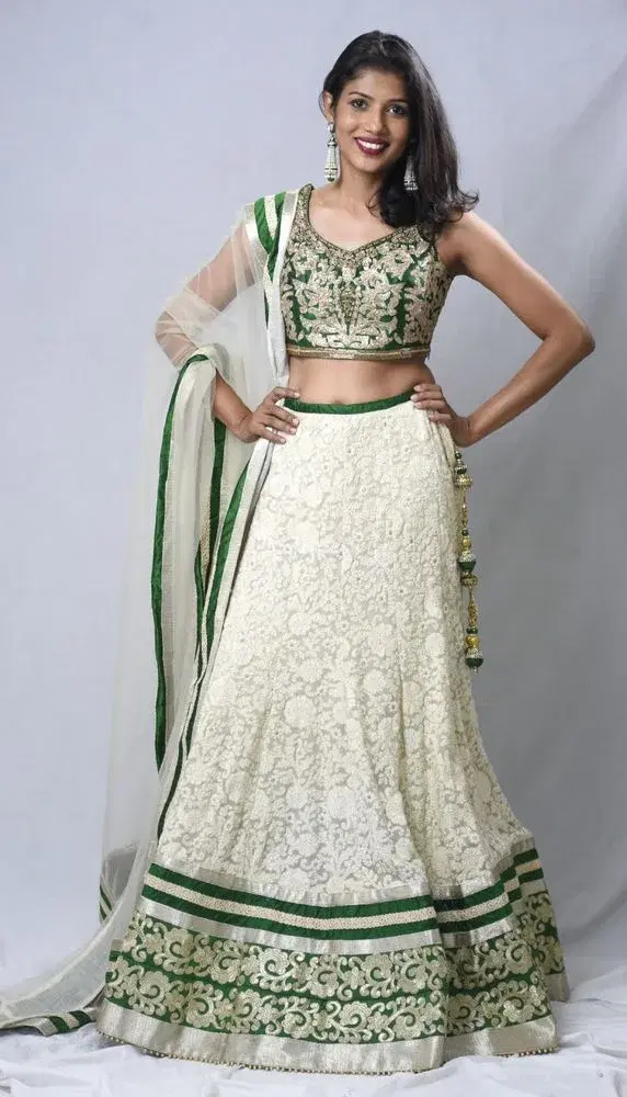 Emerald Green & Ivory Embroidered Lehenga Set