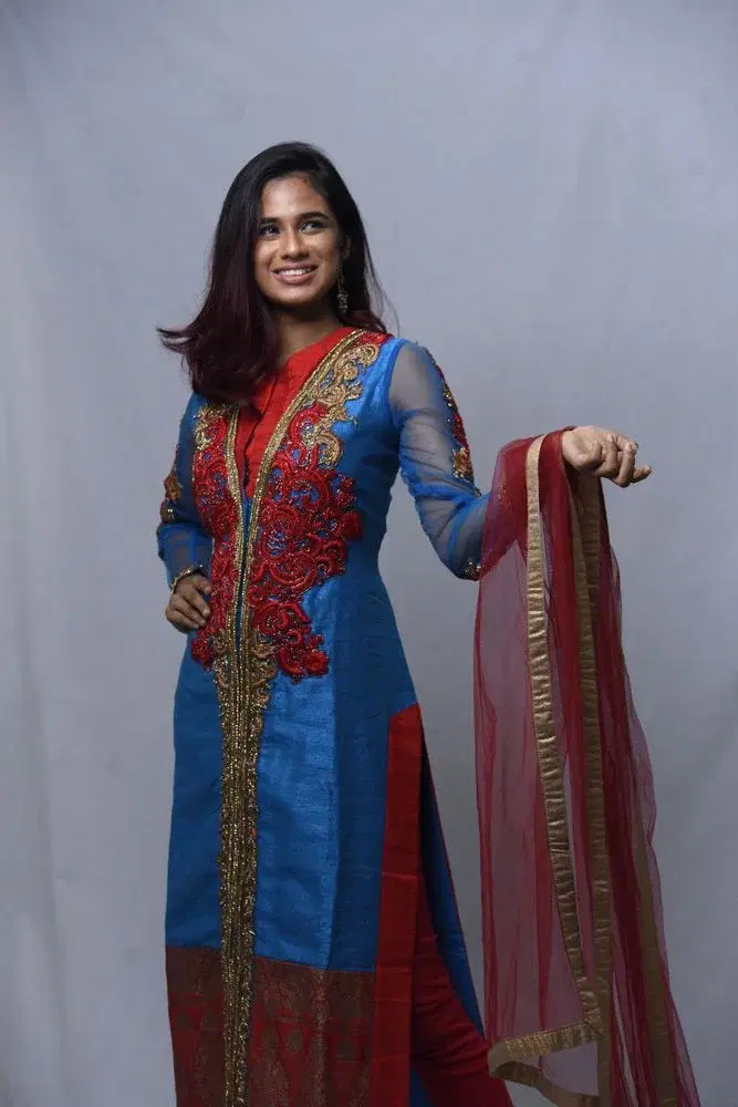 Designer Blue & Ruby Red Embellished Ethnic Set