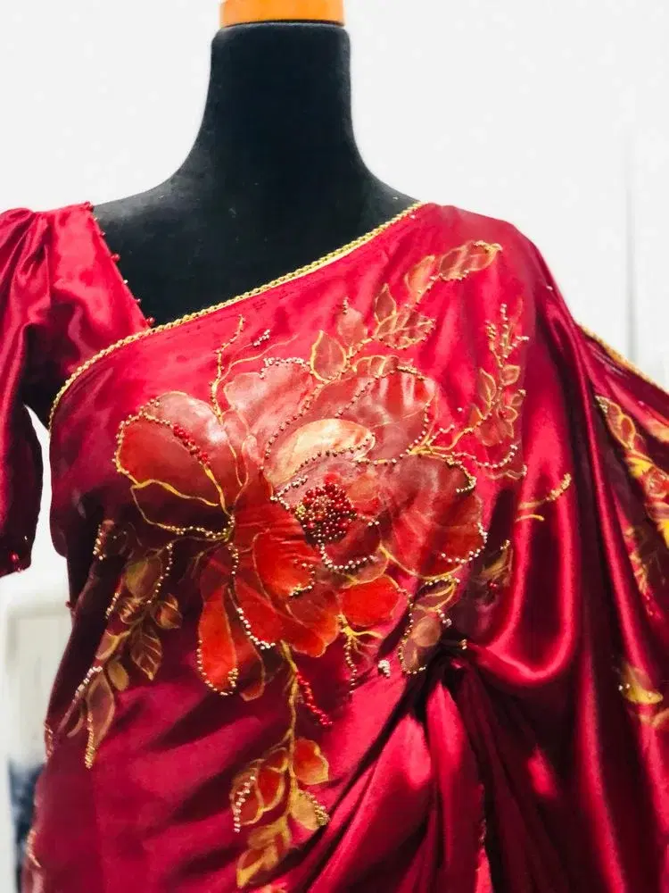 Hand-Painted Crimson Red Satin Saree with 3D Beaded Floral Embroidery and Gold Trim view 2