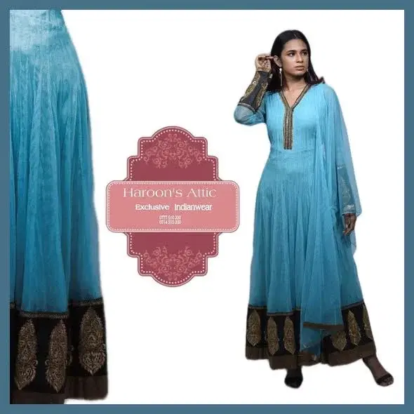 Simple and charming Shalwar Kamiz with pippin worked with Banaras borders copper, gold and blue thread. Chifon silk,  blue colour.