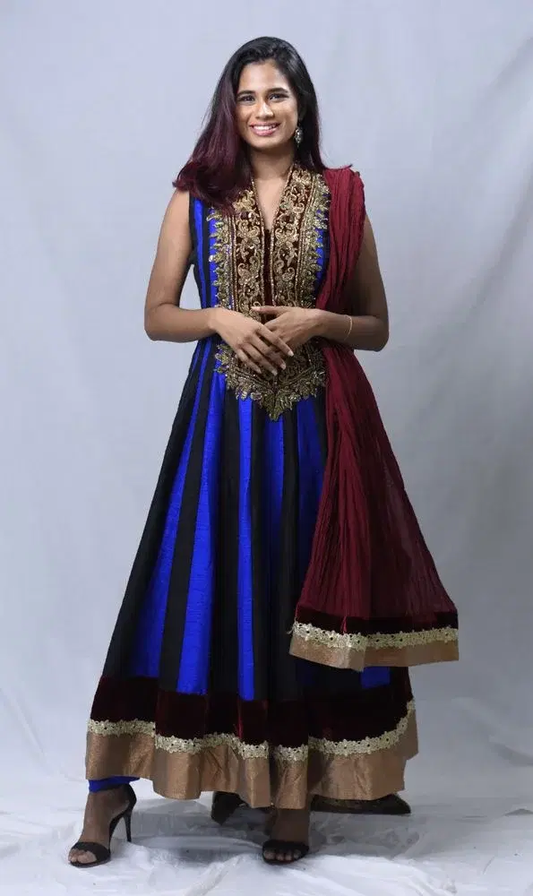 Bold Blue & Black Striped Velvet Anarkali Suit