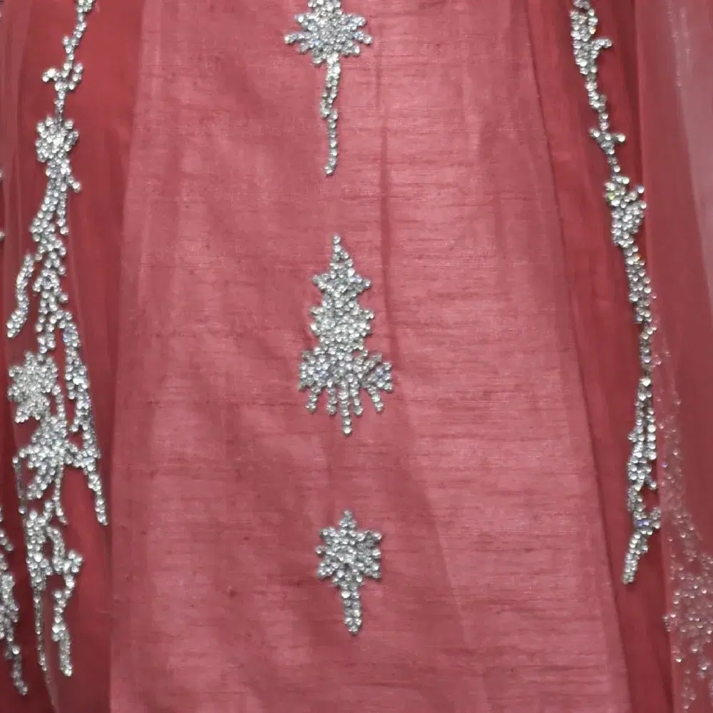 Coral Pink & Silver Heavy Crystal Anarkali Suit view 2