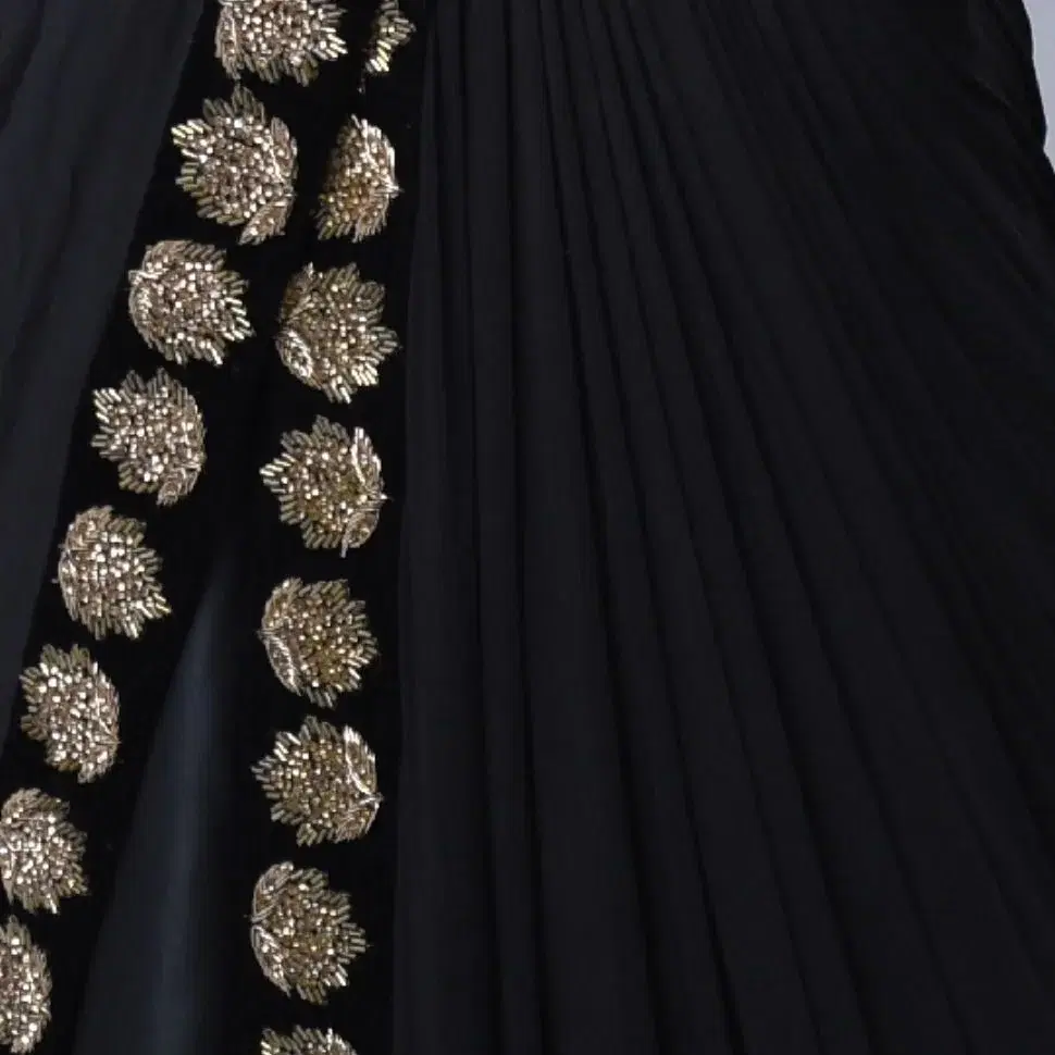 Midnight Black Velvet Pre-Draped Saree Gown view 2