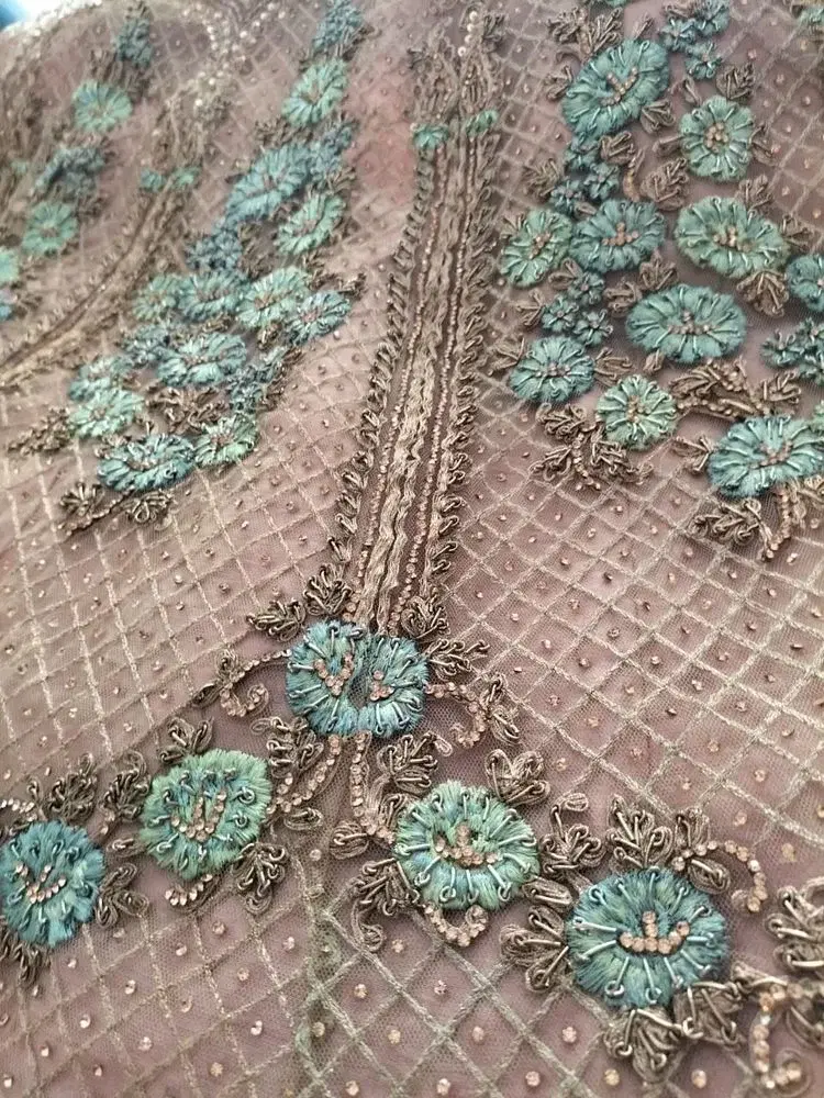 Fully Zardozi worked with  salmon pink gold and tea green thread. stones and mirrors attached. Raw silk salmon pink colour Anarkali Dress view 2