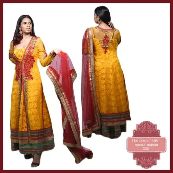 Fully Zardozi worked with  copper, gold and red thread. stones and mirrors attached. Raw silk, silk yellow colour Anarkali Dress.