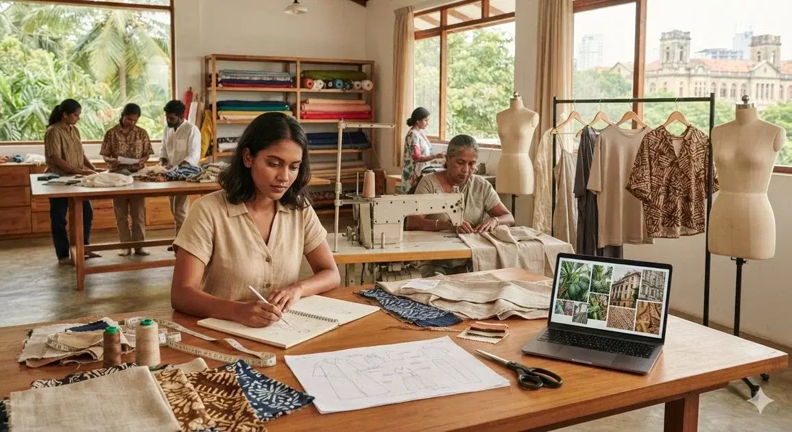Sri Lankan fashion designer sketching clothing designs surrounded by fabric swatches in a small Colombo studio