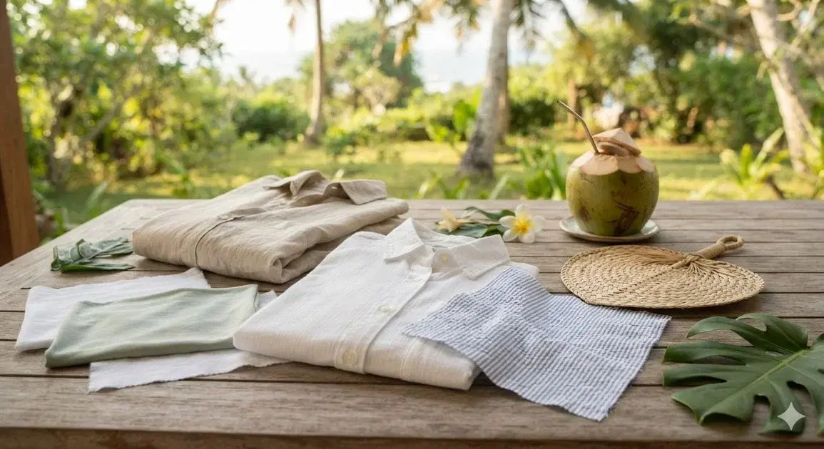 Cotton and linen fabric swatches in neutral tones laid out on a sunlit wooden table beside a tropical leaf