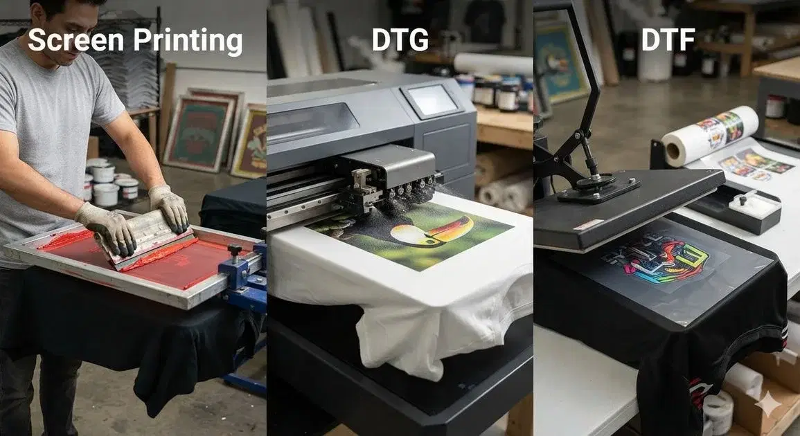 Side-by-side close-up of a DTF transfer being peeled, a DTG print on cotton, and a screen printing squeegee pulling ink