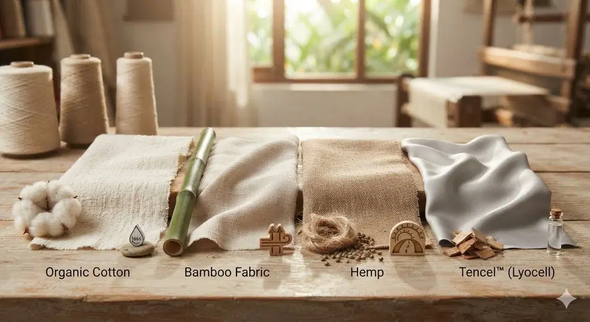 Rolls of organic cotton and bamboo fabric at a Sri Lankan textile supplier